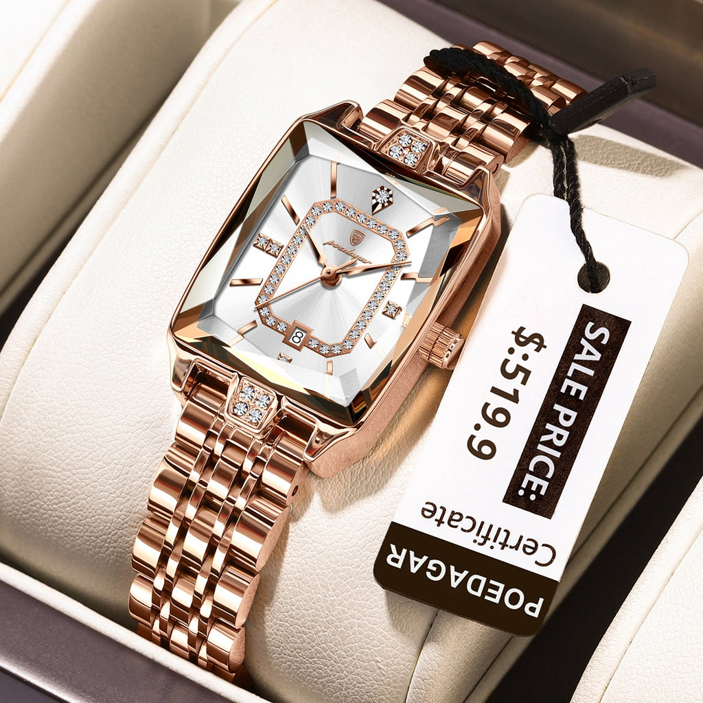 Montre femme POEDAGAR Fashion, montre rectangulaire de luxe en acier inoxydable, lumineuse et étanche, à quartz.